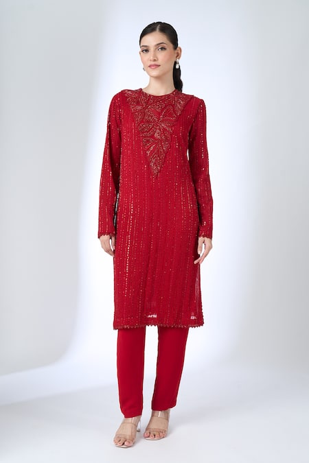 Buy_Ritika Mirchandani_Red Crepe, Georgette Crystals, Embroidery, Metallic Pompei Kurta With Pant _Online_at_Aza_Fashions