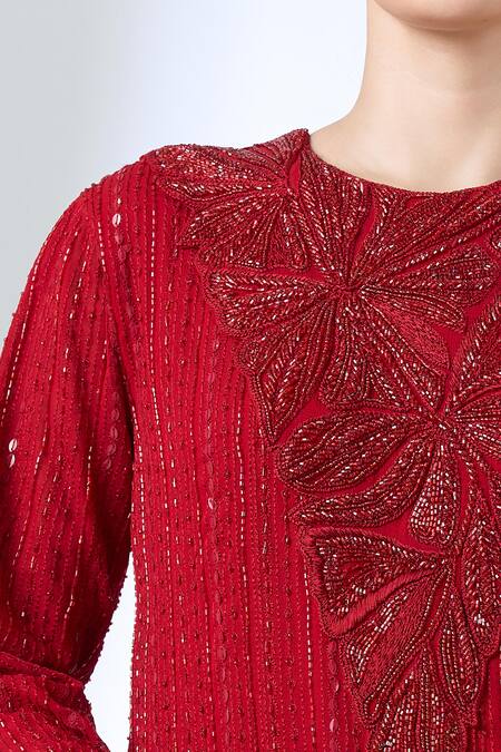 Shop_Ritika Mirchandani_Red Crepe, Georgette Crystals, Embroidery, Metallic Pompei Kurta With Pant _Online_at_Aza_Fashions