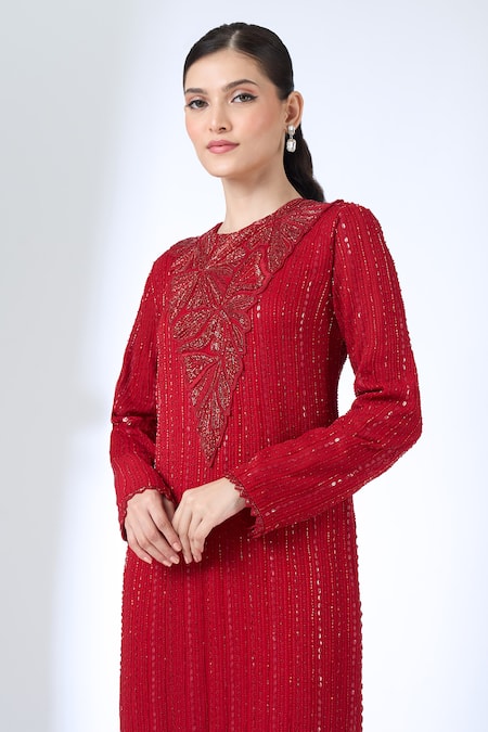 Ritika Mirchandani_Red Crepe, Georgette Crystals, Embroidery, Metallic Pompei Kurta With Pant _at_Aza_Fashions
