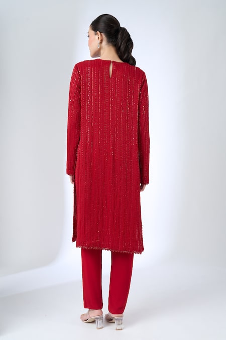 Shop_Ritika Mirchandani_Red Crepe, Georgette Crystals, Embroidery, Metallic Pompei Kurta With Pant _at_Aza_Fashions