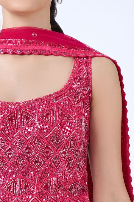 Ritika Mirchandani_Pink Crepe, Net Beads, Embroidery, Sequins Round Neck Agatha Kurta Set _Online_at_Aza_Fashions