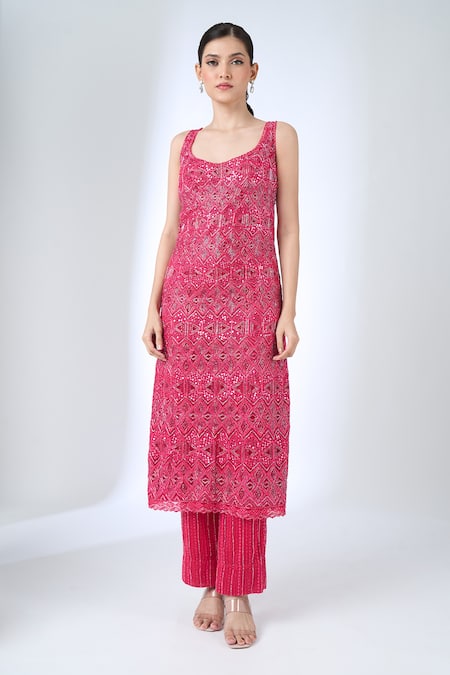 Buy_Ritika Mirchandani_Pink Crepe, Net Beads, Embroidery, Sequins Round Neck Agatha Kurta Set _Online_at_Aza_Fashions