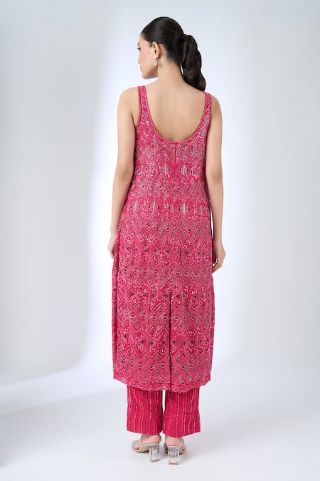 Shop_Ritika Mirchandani_Pink Crepe, Net Beads, Embroidery, Sequins Round Neck Agatha Kurta Set _at_Aza_Fashions