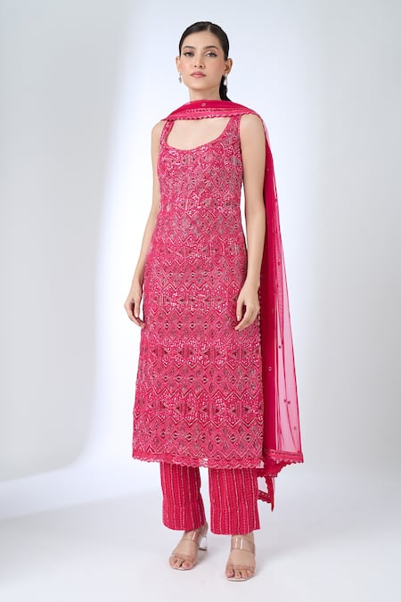 Ritika Mirchandani Pink Crepe, Net Beads, Embroidery, Sequins Round Neck Agatha Kurta Set 