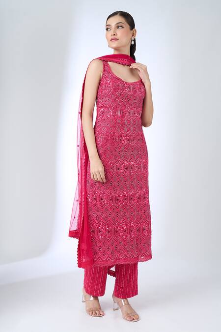 Shop_Ritika Mirchandani_Pink Crepe, Net Beads, Embroidery, Sequins Round Neck Agatha Kurta Set _Online_at_Aza_Fashions