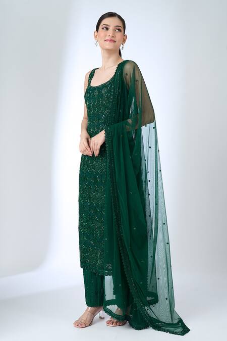 Ritika Mirchandani_Emerald Green Crepe, Georgette, Net Beads, Sequins, Agatha Straight Kurta Set _Online_at_Aza_Fashions