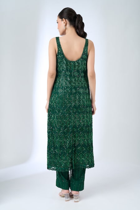 Shop_Ritika Mirchandani_Emerald Green Crepe, Georgette, Net Beads, Sequins, Agatha Straight Kurta Set _at_Aza_Fashions