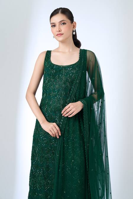 Ritika Mirchandani_Emerald Green Crepe, Georgette, Net Beads, Sequins, Agatha Straight Kurta Set _at_Aza_Fashions