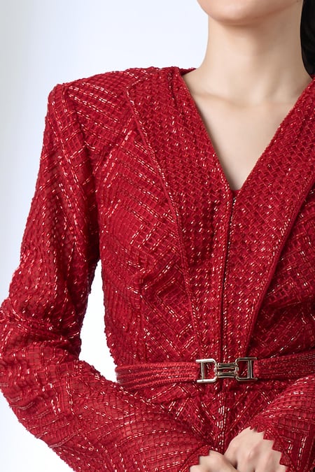 Ritika Mirchandani Red Crepe, Georgette, Net Crystals, Metallic Heidi Peplum Blazer With Sharara Online at Aza Fashions Ritika Mirchandani_Red Crepe, Georgette, Net Crystals, Metallic Heidi Peplum Blazer With Sharara _Online_at_Aza_Fashions