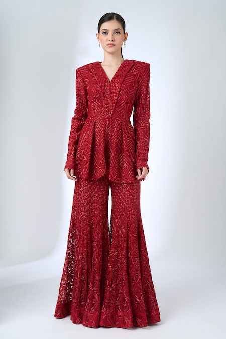 Buy Ritika Mirchandani Red Crepe, Georgette, Net Crystals, Metallic Heidi Peplum Blazer With Sharara Online at Aza Fashions Buy_Ritika Mirchandani_Red Crepe, Georgette, Net Crystals, Metallic Heidi Peplum Blazer With Sharara _Online_at_Aza_Fashions