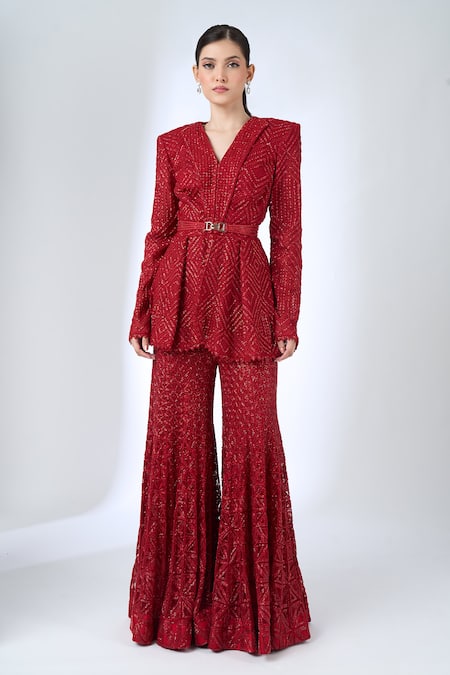 Shop Ritika Mirchandani Red Crepe, Georgette, Net Crystals, Metallic Heidi Peplum Blazer With Sharara Online at Aza Fashions Shop_Ritika Mirchandani_Red Crepe, Georgette, Net Crystals, Metallic Heidi Peplum Blazer With Sharara _Online_at_Aza_Fashions