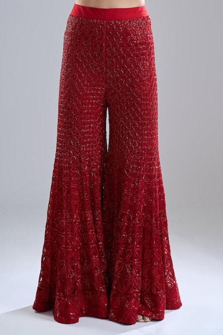 Ritika Mirchandani Red Crepe, Georgette, Net Crystals, Metallic Heidi Peplum Blazer With Sharara at Aza Fashions Ritika Mirchandani_Red Crepe, Georgette, Net Crystals, Metallic Heidi Peplum Blazer With Sharara _at_Aza_Fashions