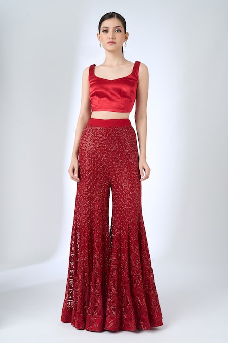 Buy Ritika Mirchandani Red Crepe, Georgette, Net Crystals, Metallic Heidi Peplum Blazer With Sharara Buy_Ritika Mirchandani_Red Crepe, Georgette, Net Crystals, Metallic Heidi Peplum Blazer With Sharara
