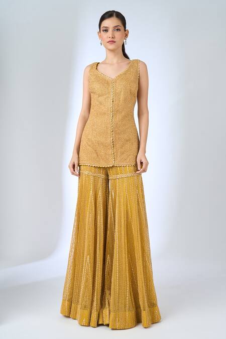 Ritika Mirchandani_Yellow Crepe, Net Beads, Embroidery, Sequins, Stones Besty Kurta Sharara Set _Online_at_Aza_Fashions