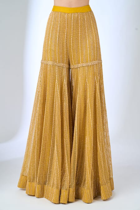 Shop_Ritika Mirchandani_Yellow Crepe, Net Beads, Embroidery, Sequins, Stones Besty Kurta Sharara Set _Online_at_Aza_Fashions