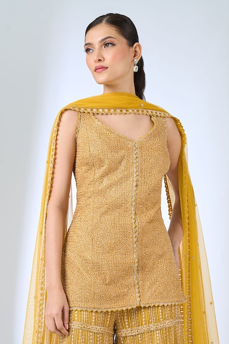 Ritika Mirchandani_Yellow Crepe, Net Beads, Embroidery, Sequins, Stones Besty Kurta Sharara Set _at_Aza_Fashions