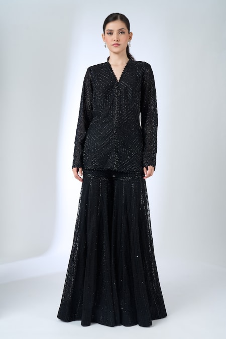 Shop Ritika Mirchandani Black Crepe, Georgette, Net Crystals, Embroidery, Ottilie Kurta With Sharara Online at Aza Fashions Shop_Ritika Mirchandani_Black Crepe, Georgette, Net Crystals, Embroidery, Ottilie Kurta With Sharara _Online_at_Aza_Fashions
