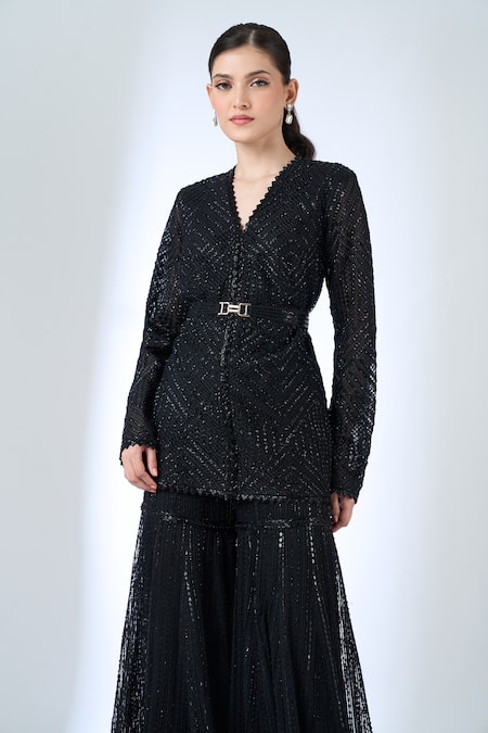 Buy Ritika Mirchandani Black Crepe, Georgette, Net Crystals, Embroidery, Ottilie Kurta With Sharara Buy_Ritika Mirchandani_Black Crepe, Georgette, Net Crystals, Embroidery, Ottilie Kurta With Sharara