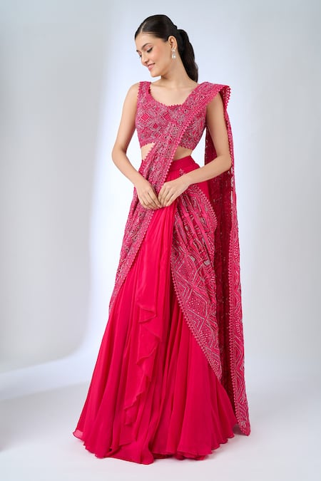 Ritika Mirchandani Fuchsia Crepe, Georgette Crystals, Beads, Sawyer Half Lehenga Saree With Blouse Online at Aza Fashions Ritika Mirchandani_Fuchsia Crepe, Georgette Crystals, Beads, Sawyer Half Lehenga Saree With Blouse _Online_at_Aza_Fashions