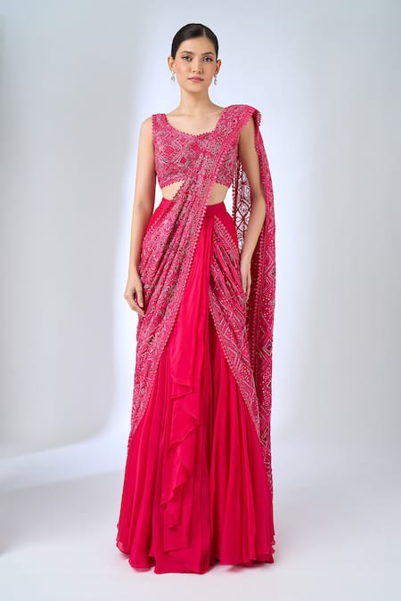 Buy Ritika Mirchandani Fuchsia Crepe, Georgette Crystals, Beads, Sawyer Half Lehenga Saree With Blouse Online at Aza Fashions Buy_Ritika Mirchandani_Fuchsia Crepe, Georgette Crystals, Beads, Sawyer Half Lehenga Saree With Blouse _Online_at_Aza_Fashions