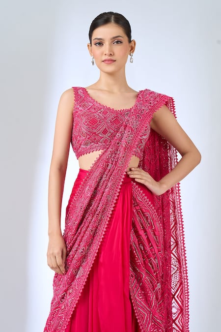 Ritika Mirchandani Fuchsia Crepe, Georgette Crystals, Beads, Sawyer Half Lehenga Saree With Blouse at Aza Fashions Ritika Mirchandani_Fuchsia Crepe, Georgette Crystals, Beads, Sawyer Half Lehenga Saree With Blouse _at_Aza_Fashions
