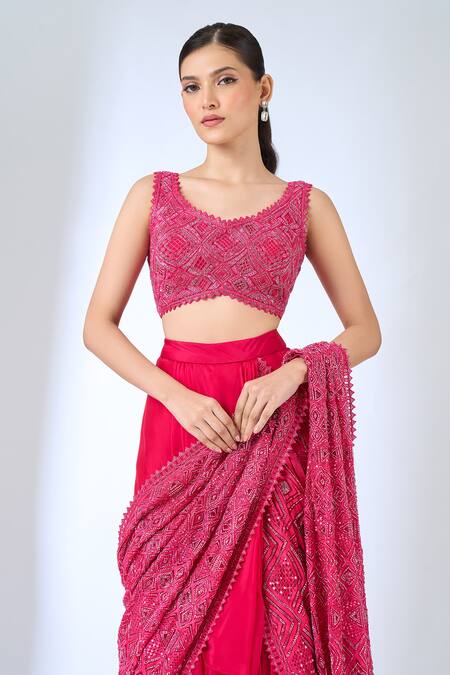 Buy Ritika Mirchandani Fuchsia Crepe, Georgette Crystals, Beads, Sawyer Half Lehenga Saree With Blouse Buy_Ritika Mirchandani_Fuchsia Crepe, Georgette Crystals, Beads, Sawyer Half Lehenga Saree With Blouse