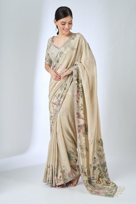 Matsya_Ivory Silk Embroidery, Metallic Thread, Beads Botanical Saree With Blouse _Online_at_Aza_Fashions