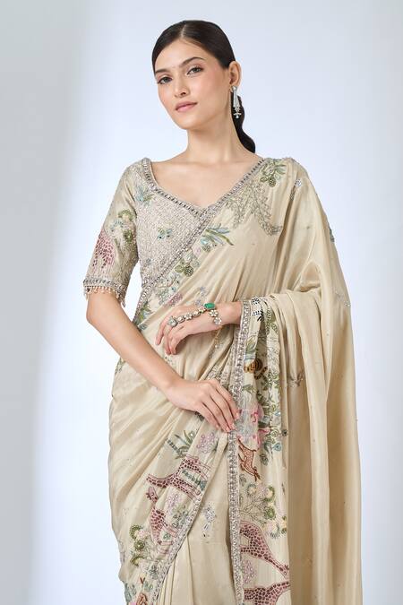 Buy_Matsya_Ivory Silk Embroidery, Metallic Thread, Beads Botanical Saree With Blouse _Online_at_Aza_Fashions