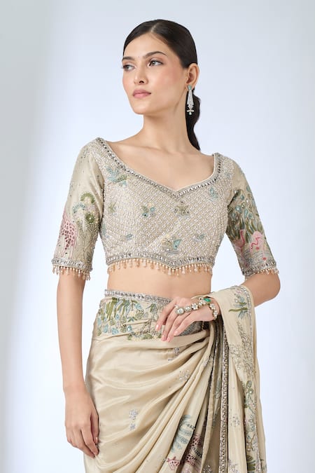 Matsya_Ivory Silk Embroidery, Metallic Thread, Beads Botanical Saree With Blouse _at_Aza_Fashions
