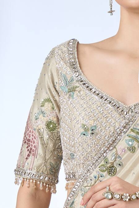 Buy_Matsya_Ivory Silk Embroidery, Metallic Thread, Beads Botanical Saree With Blouse 