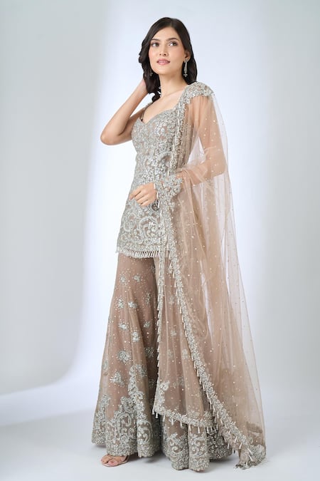 Seema Gujral_Brown Embroidery, Beads, Sequins, Zari Sweetheart Neck Kurta Sharara Set _Online_at_Aza_Fashions