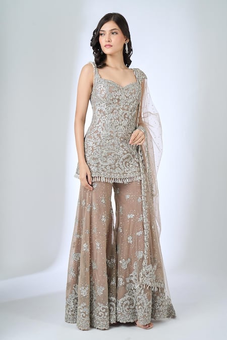 Seema Gujral Brown Embroidered Kurta Sharara Set 