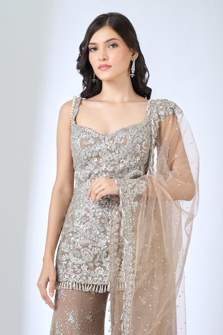 Buy_Seema Gujral_Brown Embroidery, Beads, Sequins, Zari Sweetheart Neck Kurta Sharara Set _Online_at_Aza_Fashions