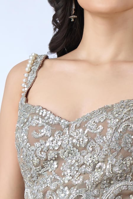 Shop_Seema Gujral_Brown Embroidery, Beads, Sequins, Zari Sweetheart Neck Kurta Sharara Set _Online_at_Aza_Fashions