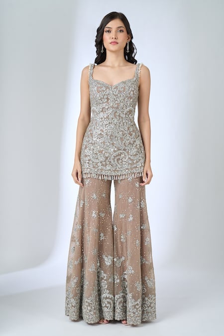 Seema Gujral_Brown Embroidery, Beads, Sequins, Zari Sweetheart Neck Kurta Sharara Set _at_Aza_Fashions