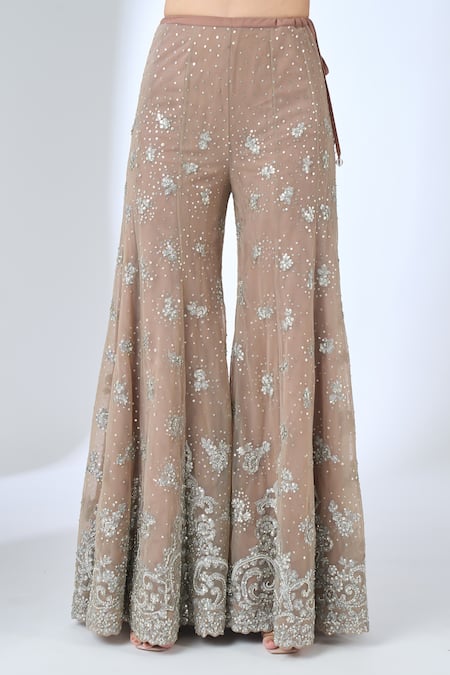 Buy_Seema Gujral_Brown Embroidery, Beads, Sequins, Zari Sweetheart Neck Kurta Sharara Set 