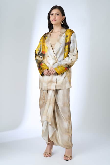 AK-OK Multi Color Printed Blazer With Knotted Skirt 