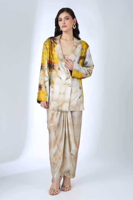AK-OK_Multi Color Printed Blazer With Knotted Skirt _Online_at_Aza_Fashions