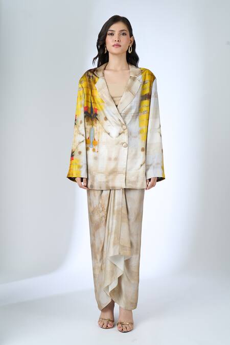 Buy_AK-OK_Multi Color Printed Blazer With Knotted Skirt _Online_at_Aza_Fashions