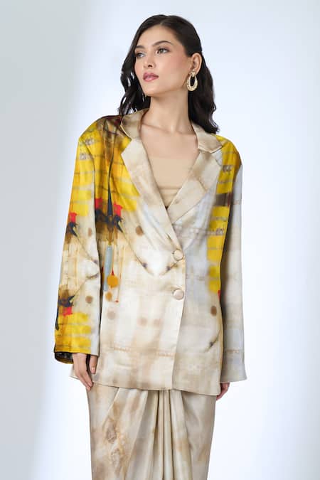 AK-OK_Multi Color Printed Blazer With Knotted Skirt _at_Aza_Fashions