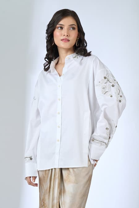 AK-OK Ivory Cotton Embroidery Collared Shirt 