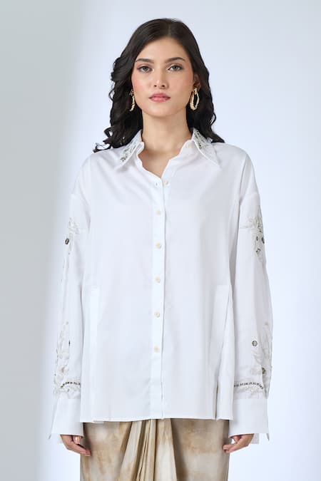 Buy_AK-OK_Ivory Cotton Embroidery Collared Shirt_Online_at_Aza_Fashions