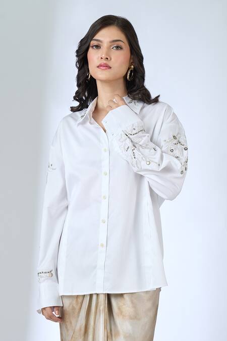 Shop_AK-OK_Ivory Cotton Embroidery Collared Shirt_Online_at_Aza_Fashions