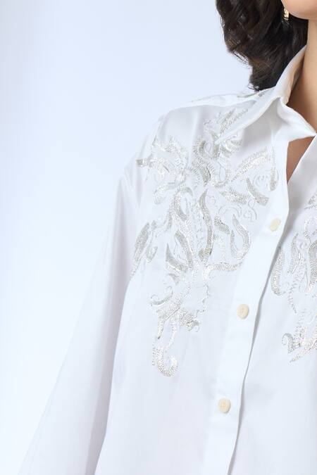AK-OK_White Embroidery Collared Shoulder Shirt _Online_at_Aza_Fashions