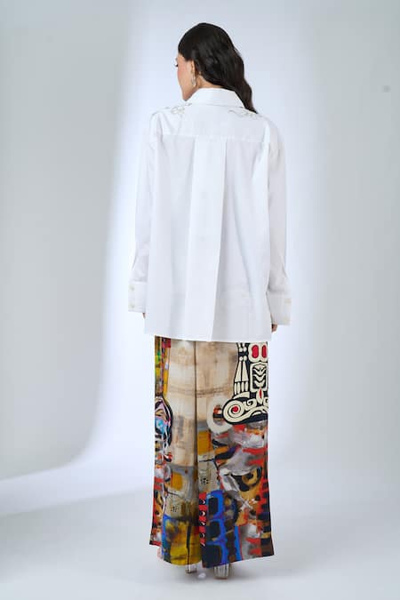 Shop_AK-OK_White Embroidery Collared Shoulder Shirt _at_Aza_Fashions