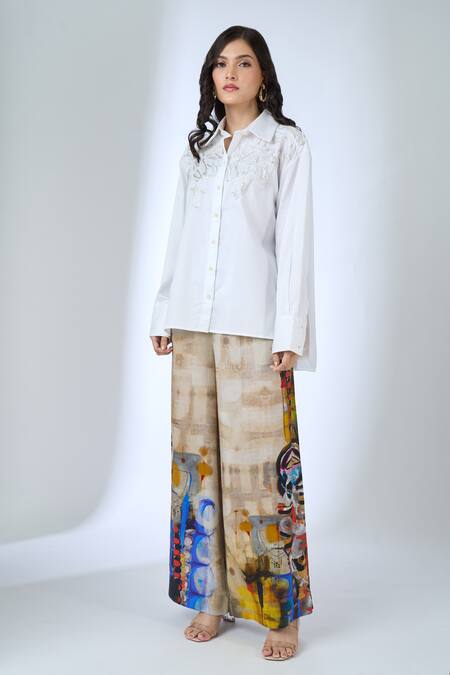 Buy_AK-OK_White Embroidery Collared Shoulder Shirt _Online_at_Aza_Fashions