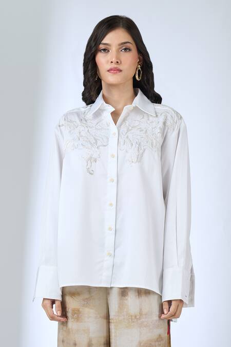 Shop_AK-OK_White Embroidery Collared Shoulder Shirt _Online_at_Aza_Fashions
