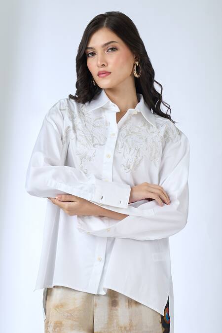 AK-OK_White Embroidery Collared Shoulder Shirt _at_Aza_Fashions