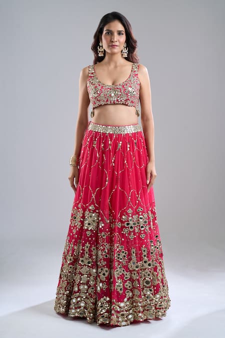 Buy Abhinav Mishra Pink Chanderi, Net Mirrors, Sequins, Zari, Embroidery, Barsaat Lehenga Set Online at Aza Fashions Buy_Abhinav Mishra_Pink Chanderi, Net Mirrors, Sequins, Zari, Embroidery, Barsaat Lehenga Set _Online_at_Aza_Fashions