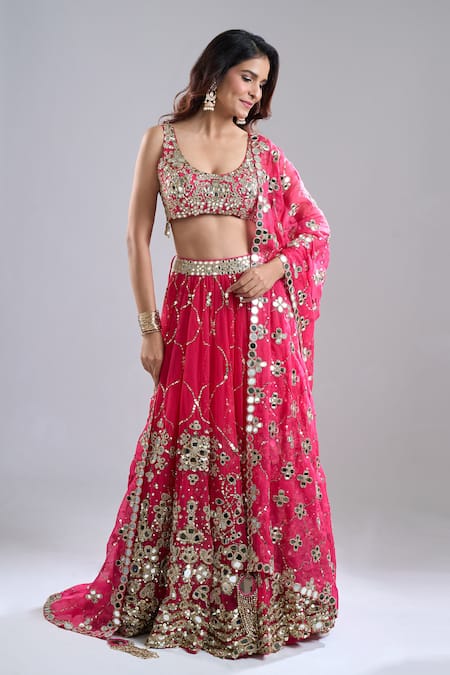 Shop Abhinav Mishra Pink Chanderi, Net Mirrors, Sequins, Zari, Embroidery, Barsaat Lehenga Set Online at Aza Fashions Shop_Abhinav Mishra_Pink Chanderi, Net Mirrors, Sequins, Zari, Embroidery, Barsaat Lehenga Set _Online_at_Aza_Fashions
